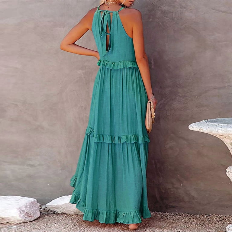 polyester beach dress 2024 Women's Sleeveless Maxi Dress Casual Flowy Ruffle Beach Dress - High  Waist Polyester Sundress, S-XXL