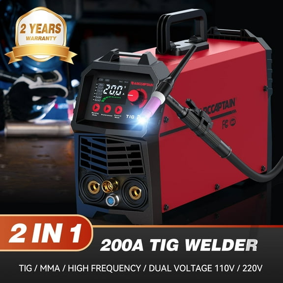 ARCCAPTAIN 200A TIG Welder,  2-in-1 TIG/Stick Welding Machine with LED Display, 110V/220V Dual Voltage,2T/4T Function & Tungsten Electrode