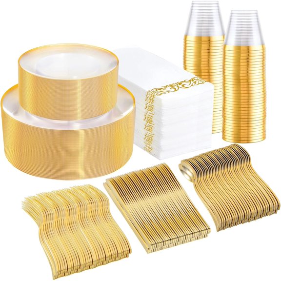 350PCS Clear and Gold Plastic Plates - Gold Disposable Plastic Dinnerware Set for 50 Guests Include 100 Plastic Plates, 150 Gold Cutlery, 50 Cups&50 Napkins Idea for Wedding&Party