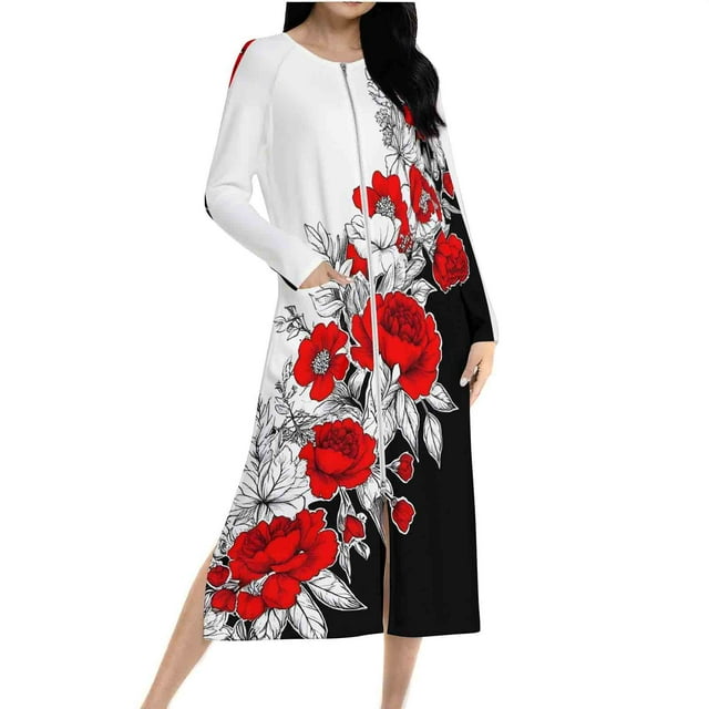 Ovingeta Robe de Pyjama pour Femmes Vêtements de Détente Amples Robe de Nuit à Fermeture Éclair Raglan Vêtements de Nuit Automne Hiver Vêtements de Maison Manches Longues PJs