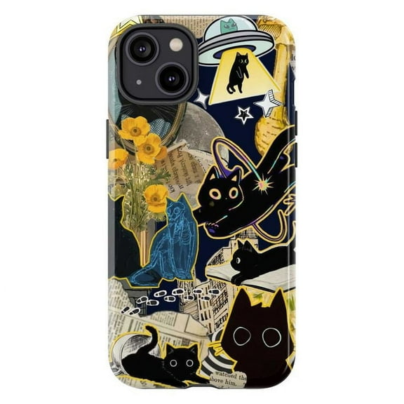 Artistic Black Cat Collage Phone Case, Vintage Paper, Stars, and Yellow Flowers Design, Unique iPhone Cover for iPhone 17 16 15 14 13 12 11 Pro Plus Mini