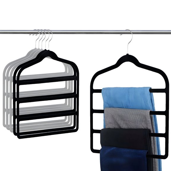 XIBUFE Pants Hangers Space Saving, 6Pcs Velvet Non-Slip Stainless Steel Clothes Hangers for Multiple Pants (Black Gray) Space Saving Pants Hangers