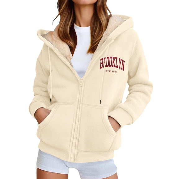 Bibifish Womens Graphic Fleece-Lined Hoodies "Brooklyn New York" Full Zip Hoodies Side Pockets Relaxed Fit Casual Daily Outerwear For Ladies