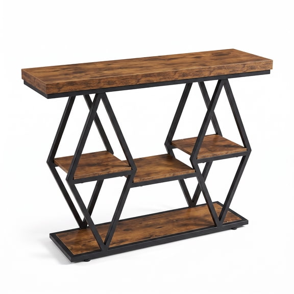 Garvee 39.4" 3-Tier Diamond Frame Console Table with Open Shelves, Brown