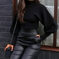 thumbnail image 2 of WEAIXIMIUNG Mode Femmes Décontracté Uni Col Haut Long Chandail à Manches Lanterne Blouse Tops, 2 of 7