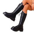 thumbnail image 4 of hopeusnice Round Toe Lace Up Side Zipper Knee High Boots Women Leather Boots for Street Style Black 35, 4 of 6