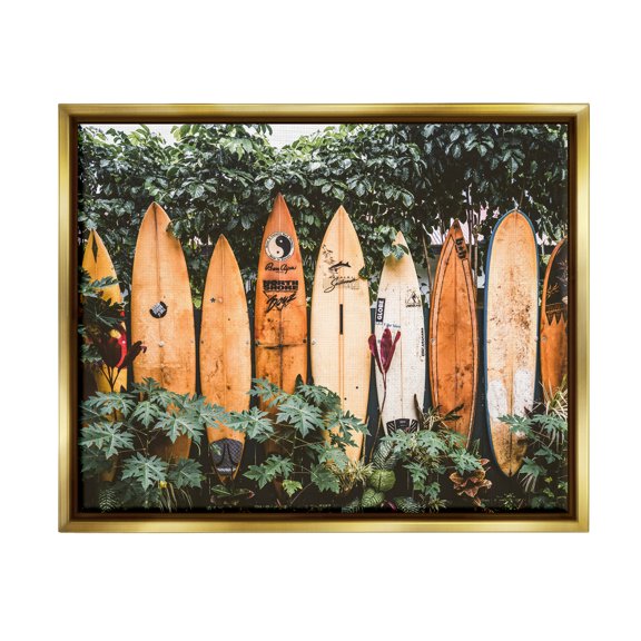 Stupell Industries Surf Boards in Nature Sports Photography Gold Floater Framed Canvas Art Print Wall Art, 21 x 17