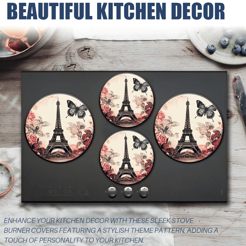BaHomeck Electric Stove Burner Covers Set of 4,Round Metal Gas Stove Burner Covers 8 Inch and 10 Inch,Kitchen Decor,The Eiffel Tower Surrounded By Red Roses And Butterflies