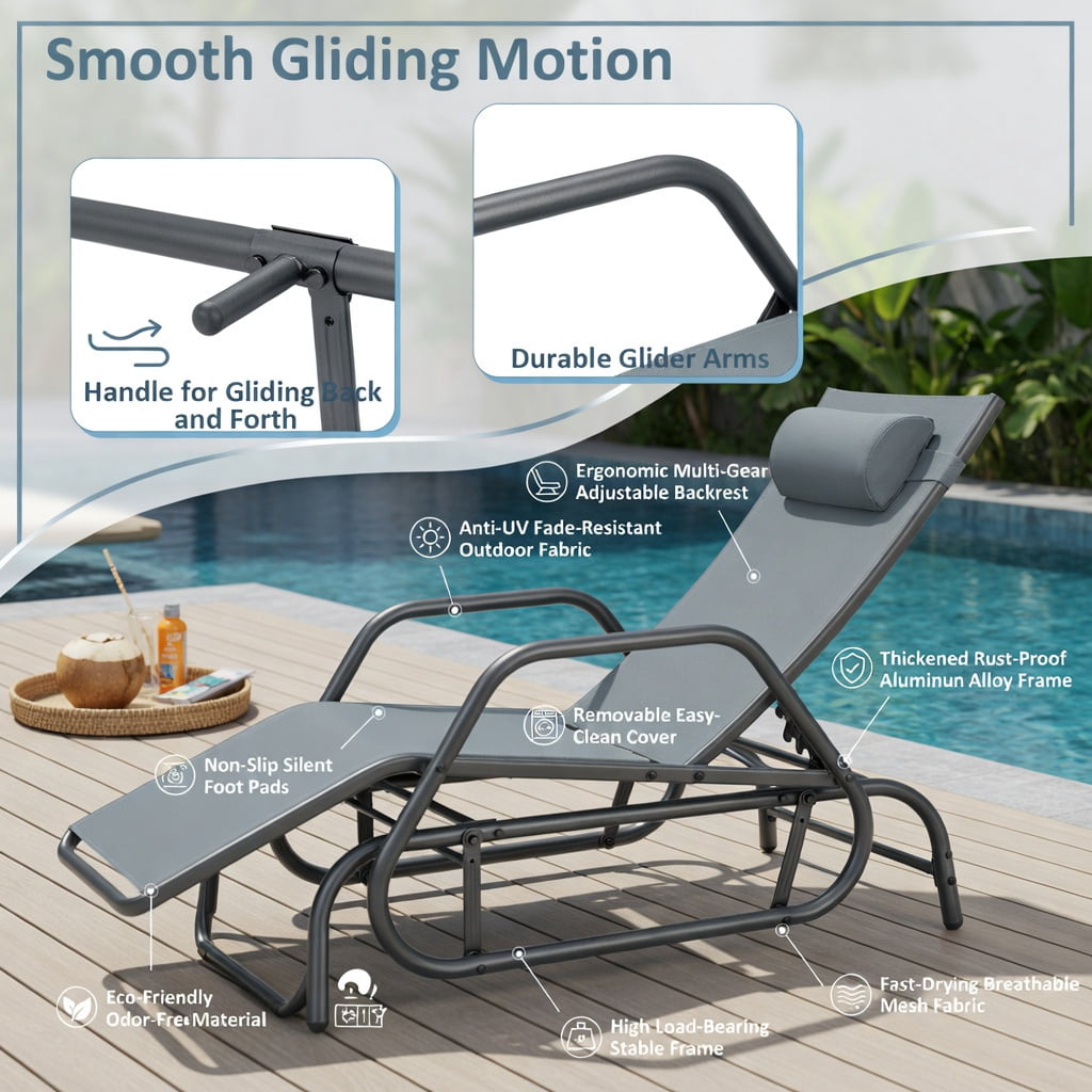 Hommoo Outdoor Chaise Lounge Glider Chair with Adjustable Backrest, Removable Pillow & Quiet Gliding Arms, Fabric & Metal Design, Gray