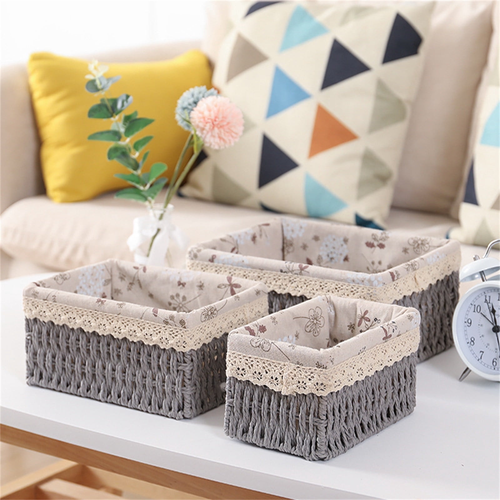 Storage Organizer Wicker Basket Set with Floral , Decorative Woven Baskets for Kitchen and Bathroom, Easter Decorations for Home, Basket for Gifts, Gray