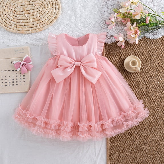 Summer New Sweet Bow Baby Girl Princess Dress, Solid Color Chiffon Children'S Clothing For Birthday Parties Dress (9 Months -4 Years)