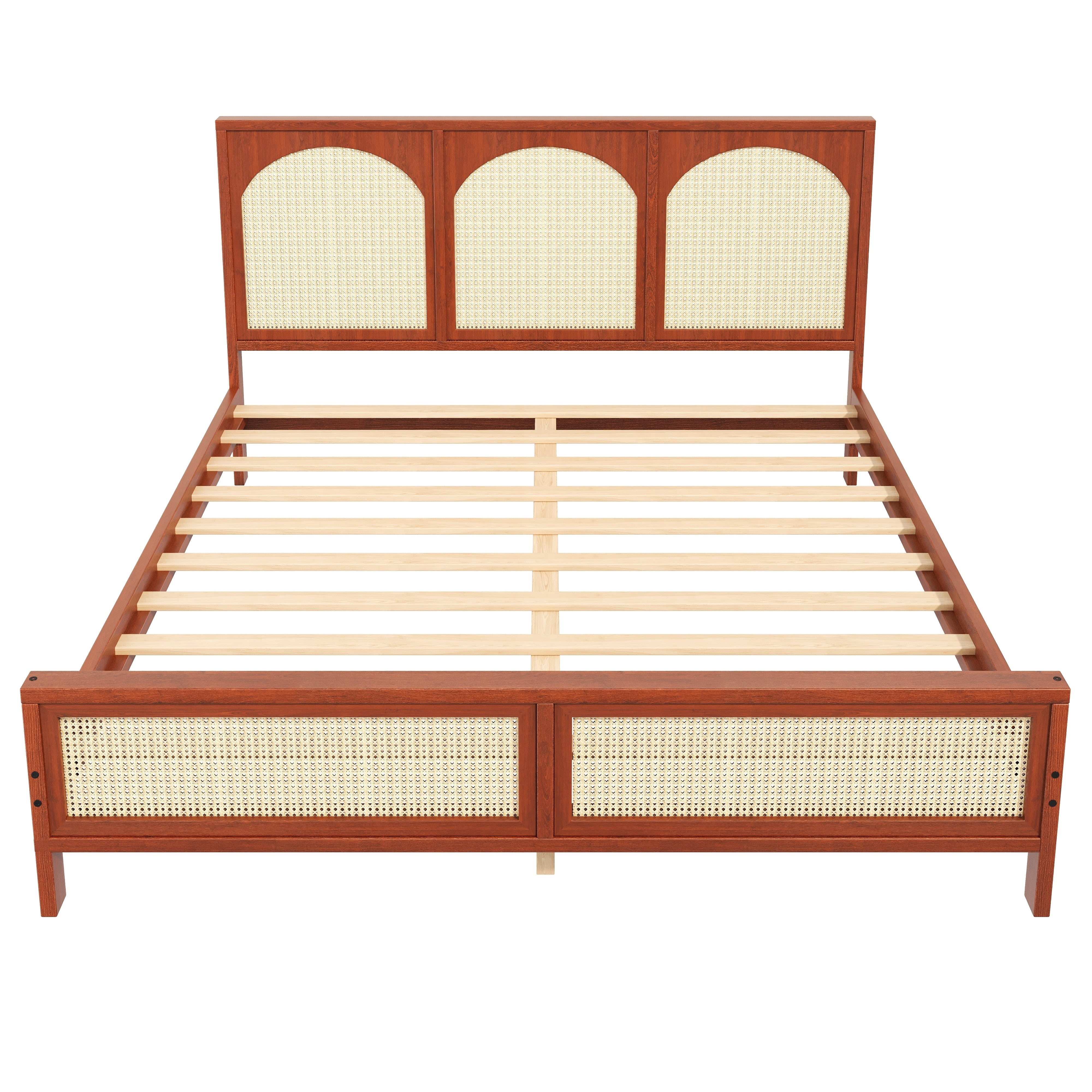 Euroco Queen Size Platform Bed with Rattan Headboard, Walnut