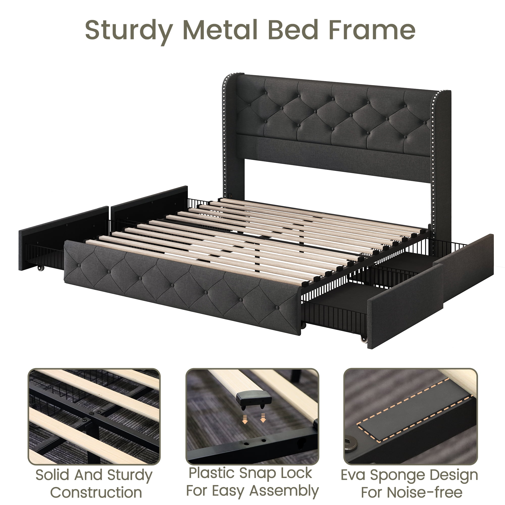 Breltam Full Size Bed Frame with 4 Storage Drawers, Wingback Tufted Headboard, LED Lights, Dark Grey Velvet Upholstered Platform Bed, No Box Spring Needed