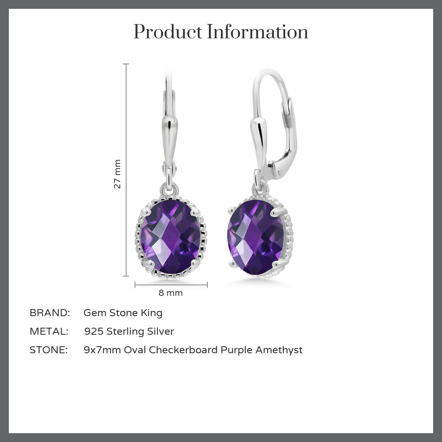 Gem Stone King 925 Sterling Silver Purple Amethyst Leverback Dangle Earrings for Women (3.00 Cttw, Gemstone February Birthstone, Oval Checkerboard 9X7MM)
