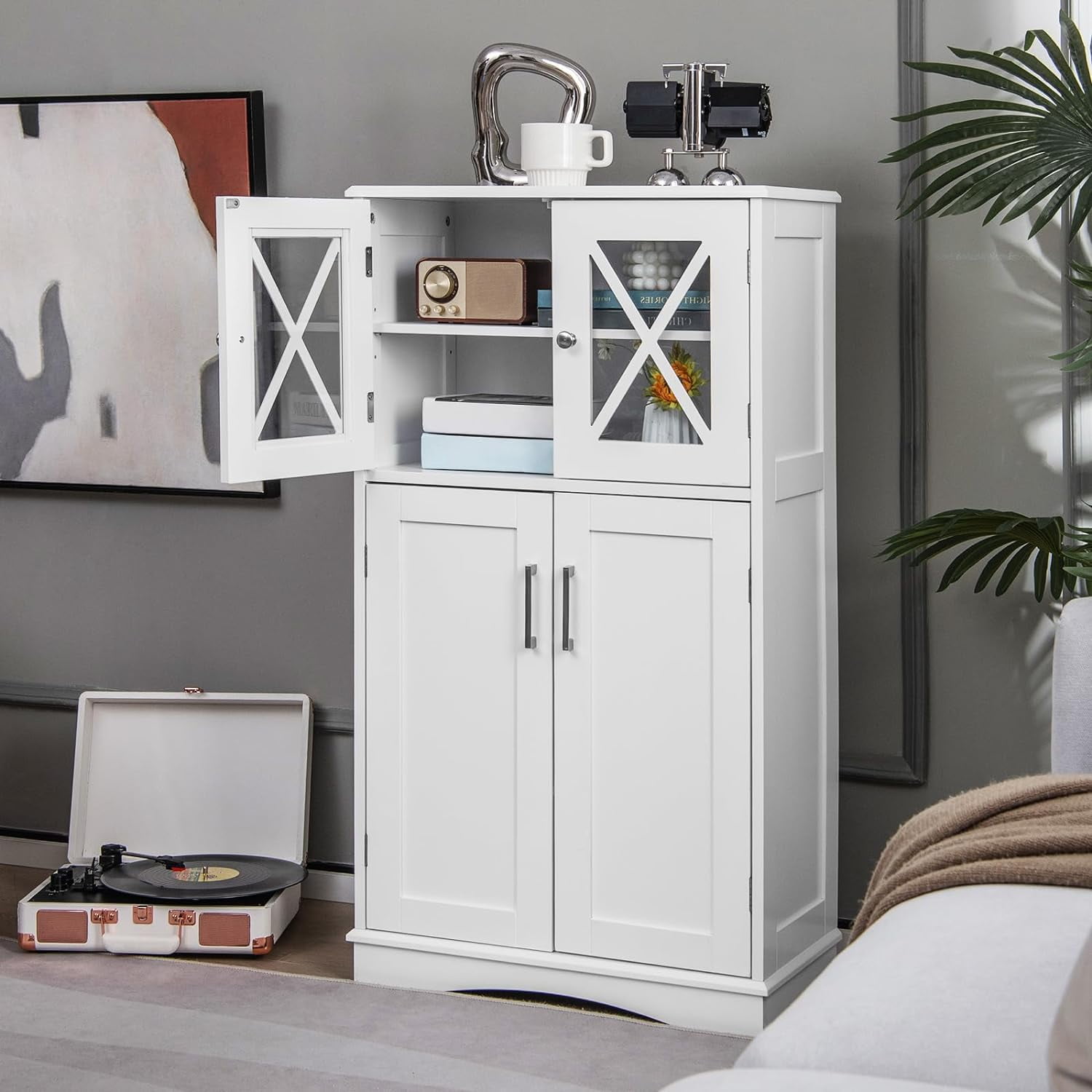Bathroom Floor Storage Cabinet - Linen Floor Cabinet with Doors and Adjustable Shelves, Freestanding Side Storage Organizer for Bathroom, Living Room, Entryway, Kitchen Storage Unit (Grey)