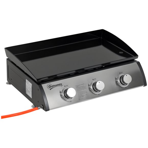 Outsunny 3 Burner Liquefied Gas Grill, Portable BBQ Grill, Silver