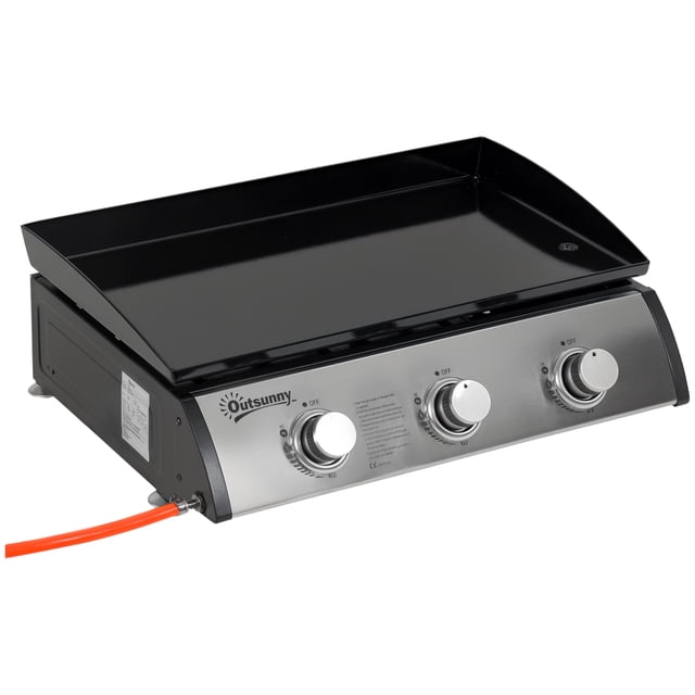 Outsunny 3 Burner Liquefied Gas Grill, Portable BBQ Grill, Silver