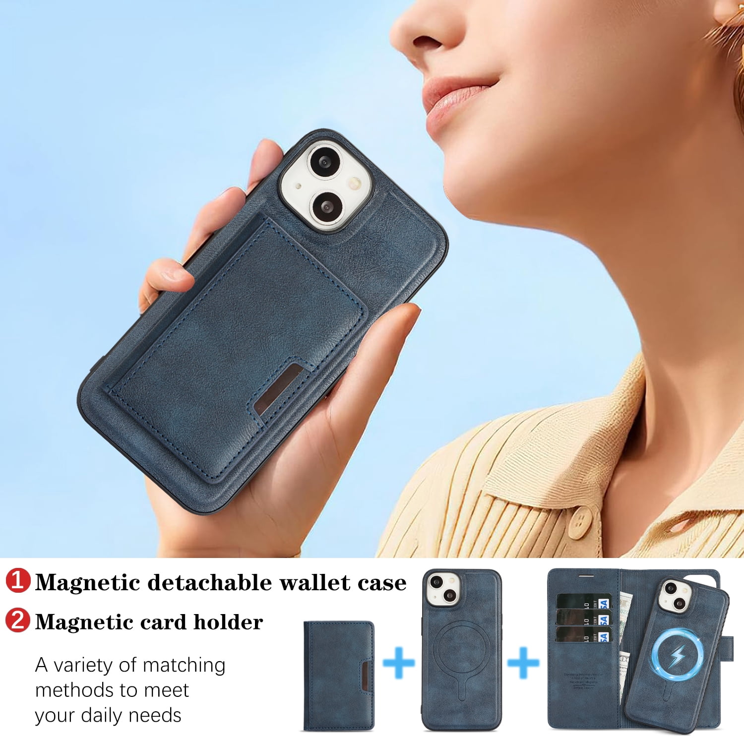 Dteck for iPhone 15 Case Detachable Wallet Case with Card Holder, 3 in 1 PU Leather Flip Folio with RFID Blocking Stand Shockproof Phone Cover,Blue