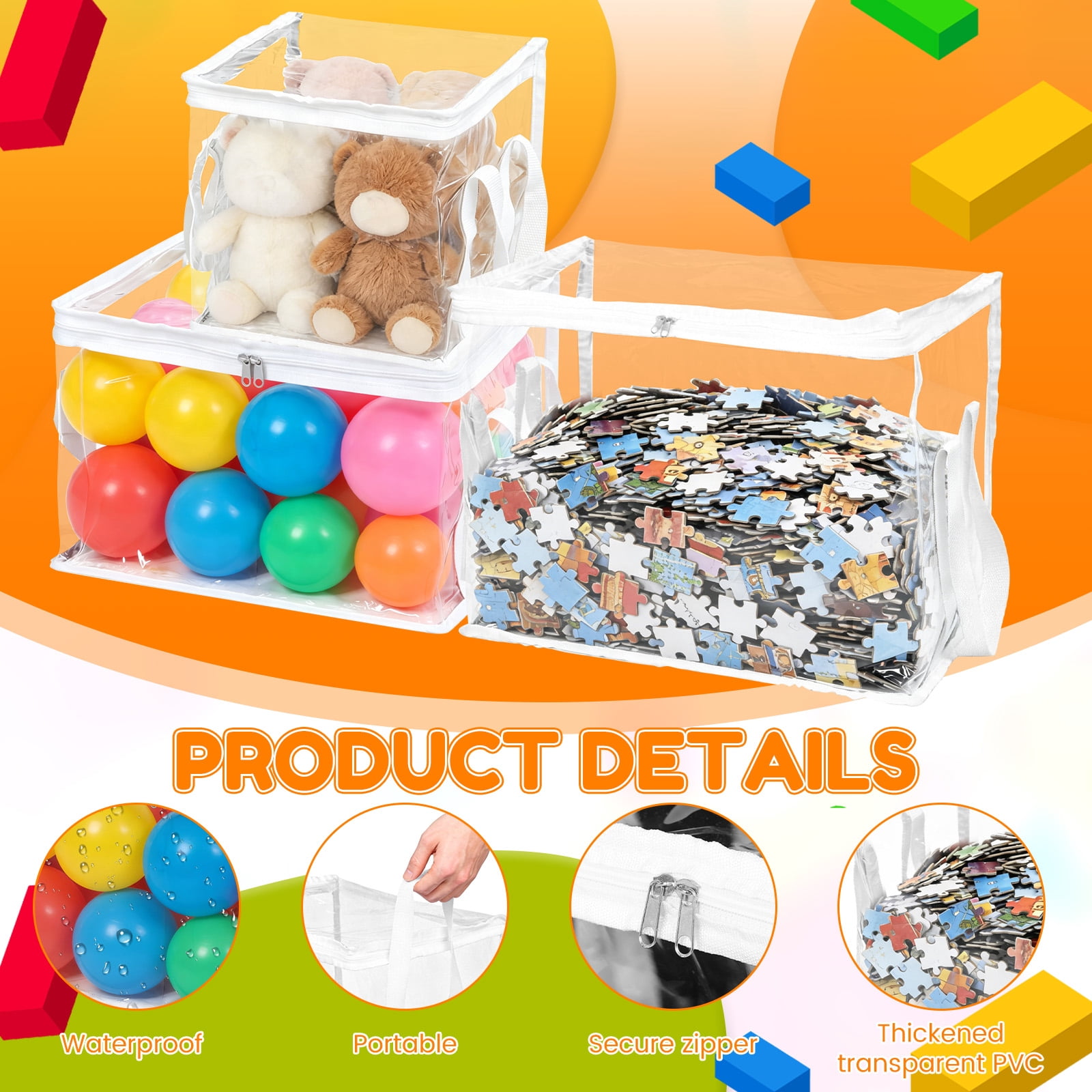6Pcs Toy Storage Bag with Handle and Zipper Clear PVC Toy Organizer Bag Multipurpose for Doll Board Game Building Block