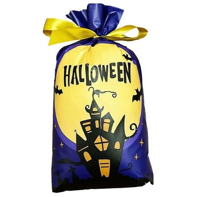50Pcs Halloween Candy Bags Drawstring Design with Halloween Element Patterns Delicate Halloween Gift Wrapping Bags
