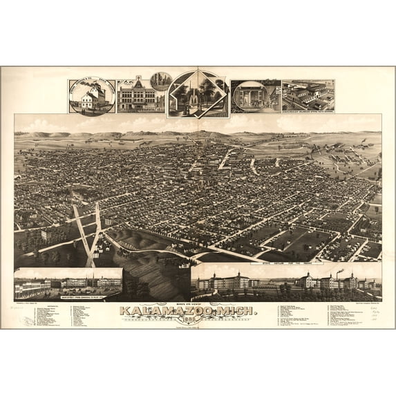 24"x36" Gallery Poster, birdseye view map of Kalamazoo, Michigan 1883