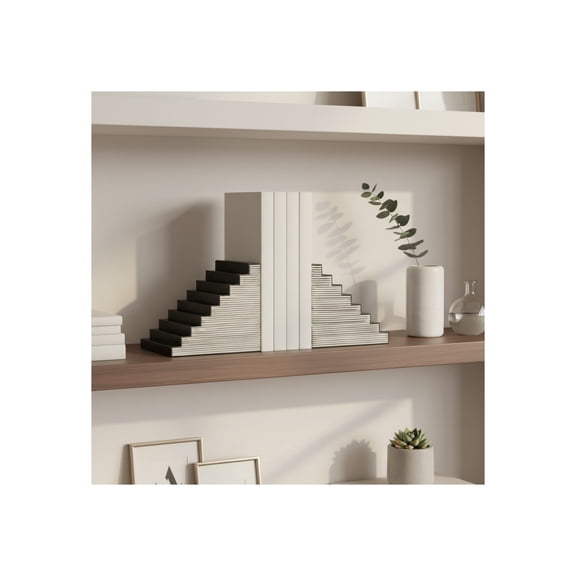 Decorative Steps Book Ends with Striped Pattern - Modern Resin and Wood Bookends for Bookshelf Decor and Book Accessories - Stylish Office Accent, Desk, or Side Table Decor - Set of 6", Black
