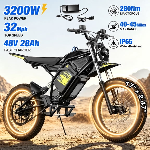 Seemoon Electric Dirt Bike for Adults, 32OOW Mid Drive Motor, 48V 28Ah Removable Battery, 32 MH, Full Suspension, Hydraulic Disc Brakes, Black Green