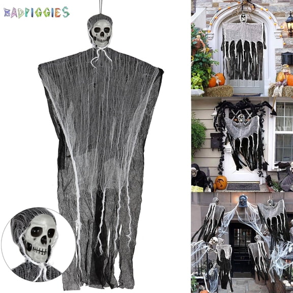 BadPiggies 4Pcs Hanging Ghost Halloween Decorations Scary Skull Skeleton Props for Outdoor Indoor Haunted House