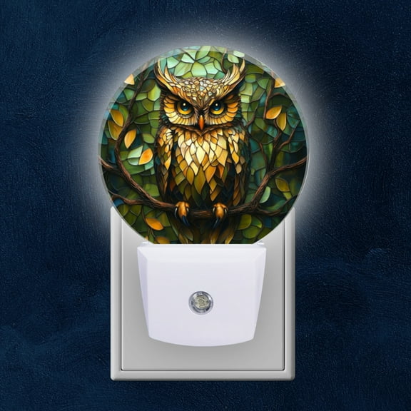 Round LED Night Lights Lamp with Dusk to Dawn Sensor, Owl With Glass Like Feather Pattern Night Light Plug Into Wall for Kids Room, Bedroom, Bathroom, Kitchen, Hallway