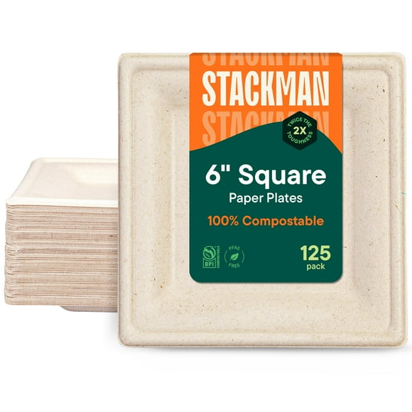 Assiettes en Papier Carrées 100 % Compostables [Lot de 50] - Sans PFAS - Certifiées BPI - [6 Pouces] Assiettes à Bagasse Écologiques et Biodégradables - Brun Naturel 6 Pouces par Stack Man