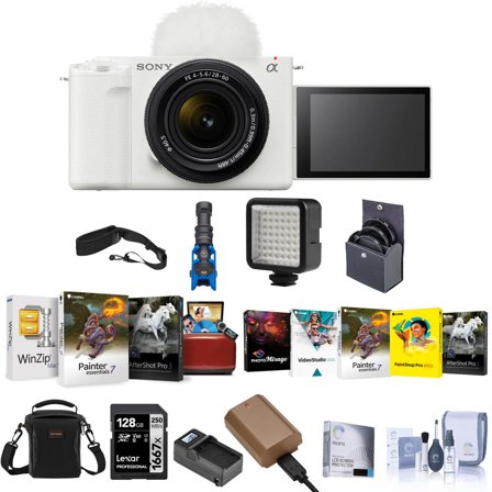 ZV-E1 Mirrorless Camera, White with FE 28-60mm f/4-5.6 Lens, Bundle with NP-FZ100 Battery, 128GB Memory Card and Shotgun Microphone