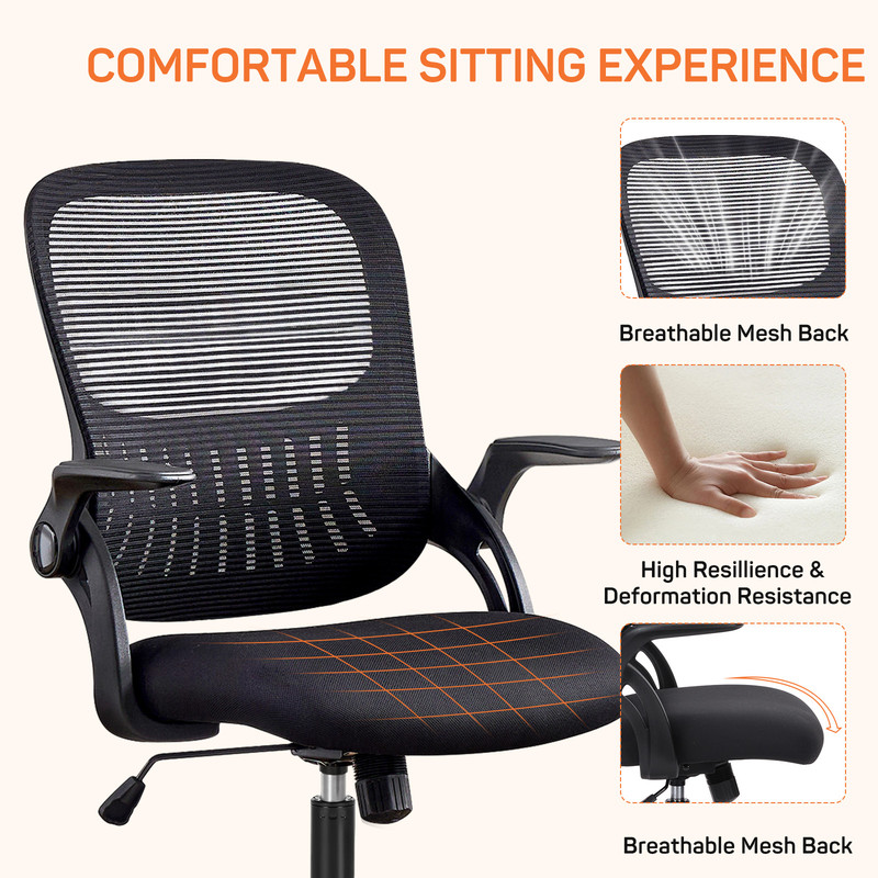 Office Desk Chair, Ergonomic Mid-Back Mesh Chair with Wheels, Comfy Lumbar Support with Flip-up Arms for Home office, Gaming, Study, Black