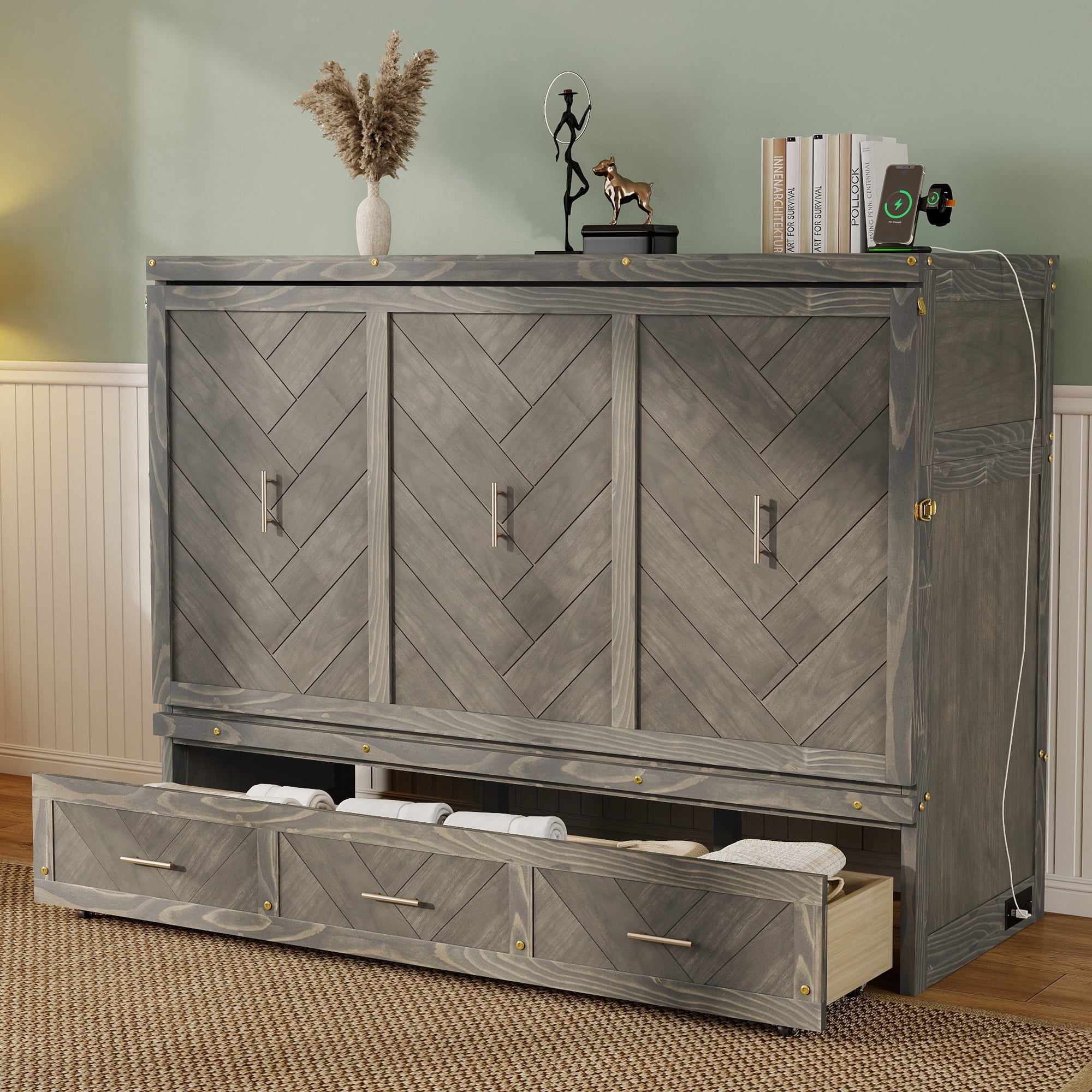 Mintazer Queen Size Murphy Bed Cabinet with Drawer & Charging Station, Farmhouse Foldable Wall Bed for Living Room Bedroom Apartment, Gray