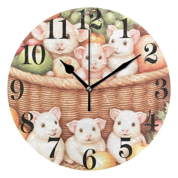 Cute Pigs and Fruits Round Wall Clock Battery Operated Silent Non-Ticking Bedroom Office Kitchen Home School Decor 10"(Black)
