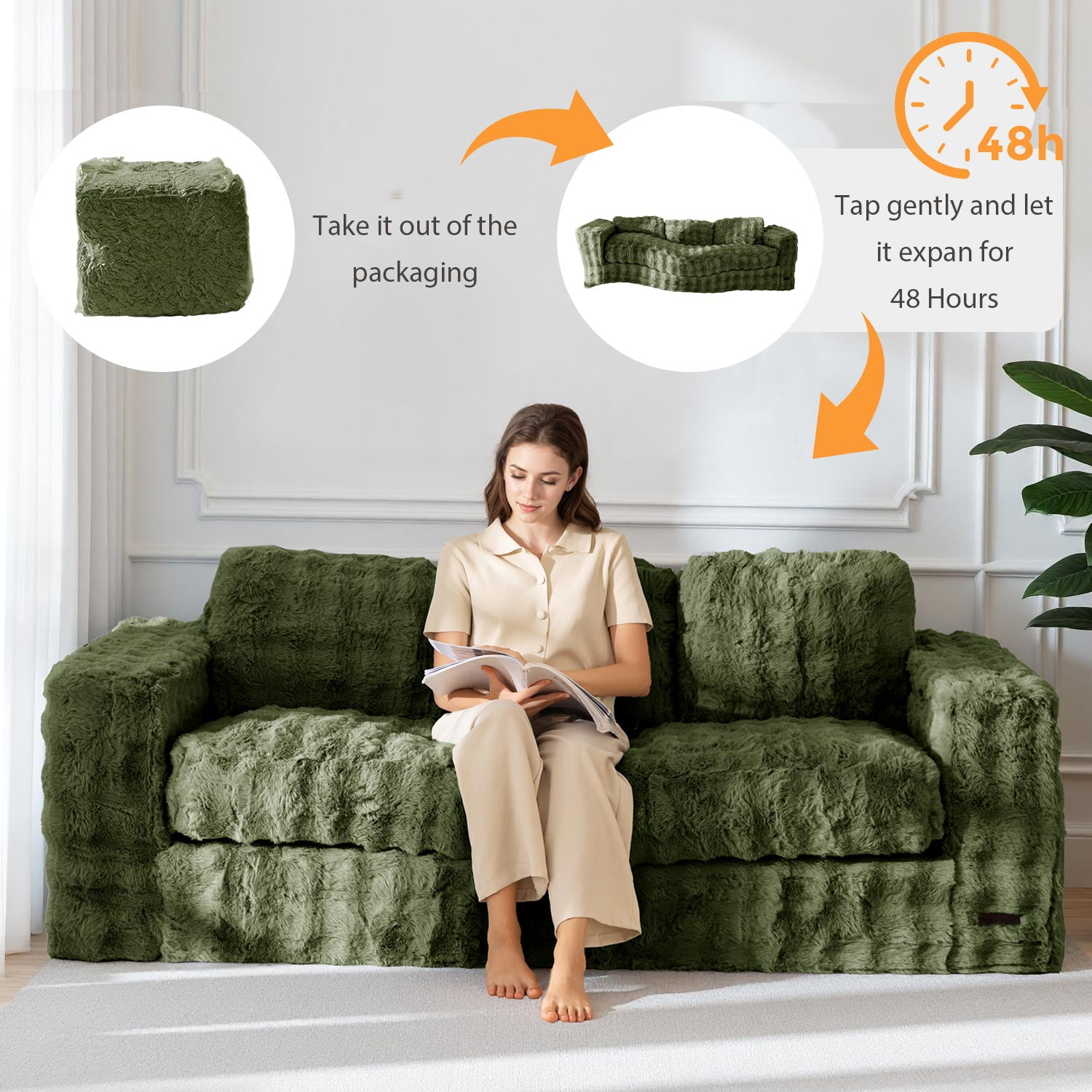 GOODONE 3 Seater Couch,Giant Bubbled Boneless Sofa Couch,Modern Comfy Floor Sofa with Armrests for Living Room and Apartments,No Assembly Required,Green