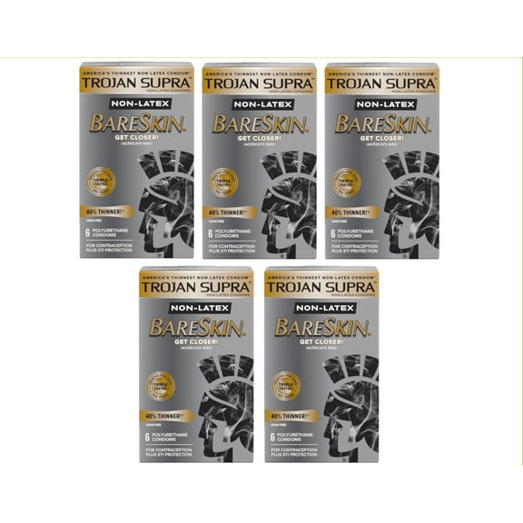 5 Pack Trojan Supra Americas Thinnest Non-latex Bareskin Condoms, Thin, 6 Count Each