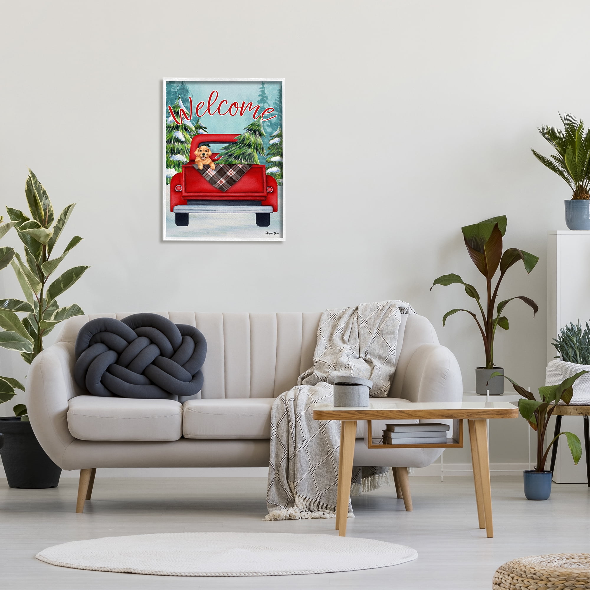 Stupell Industries Winter Welcome Red Truck Christmas Pet Dog Graphic Art White Framed Art Print Wall Art, 24x30, by Sheri Hart