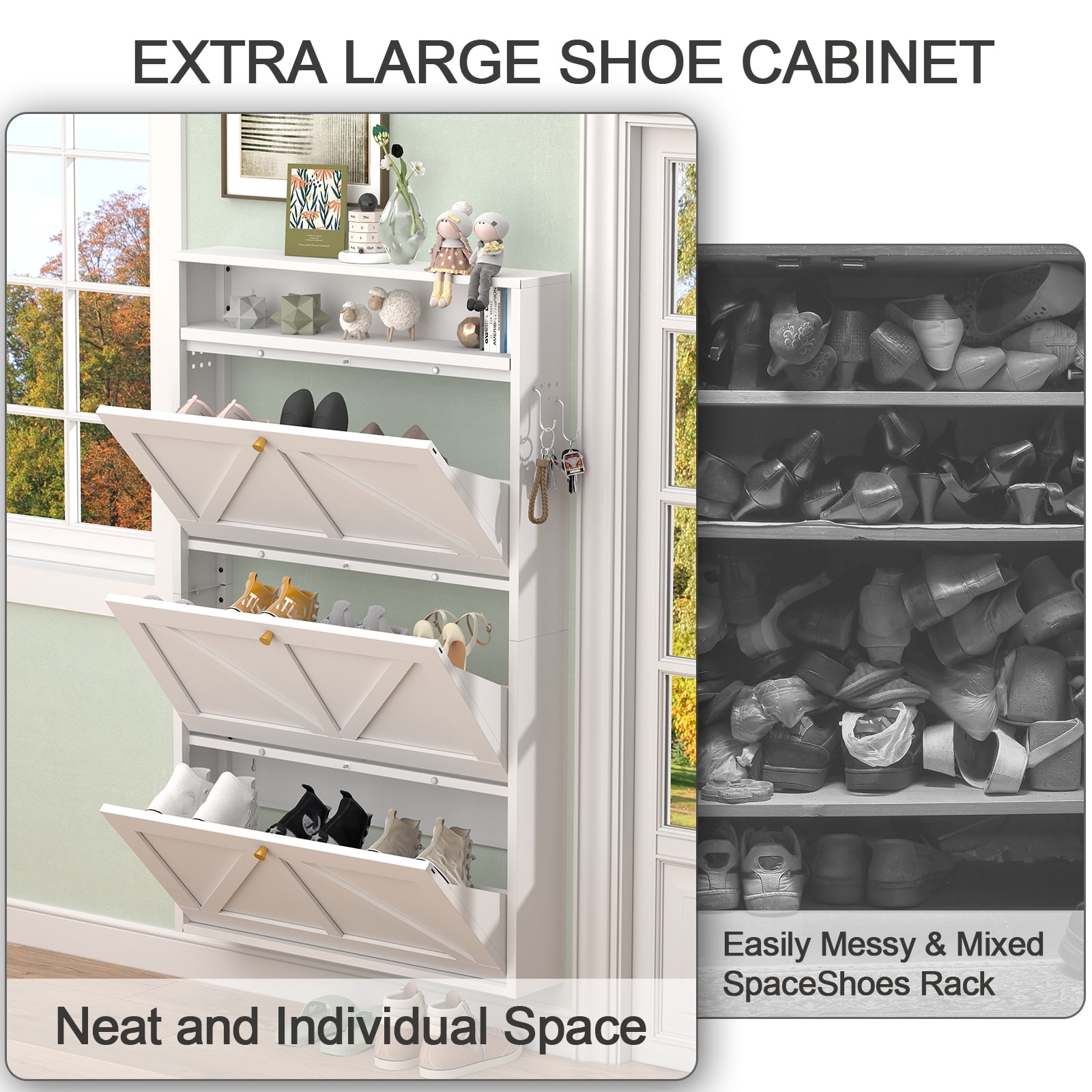 Aisword Modern Metal Shoe Cabinet with 3 Flip Drawers & Open Shelf,Narrow Slim Wall-Mounted Hidden Shoe Organizer Shoe Rack for Entryway,White
