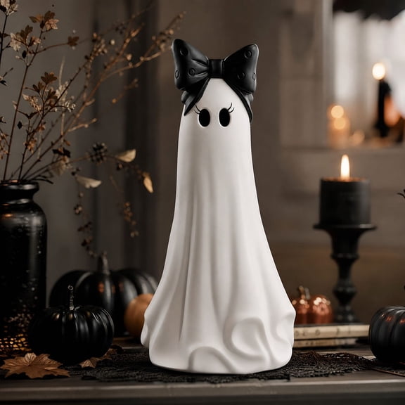 Texas Large Ghost Tabletop Decoration - Matte White Resin Standing Ghost Tabletop Figurine with Black Bowknot, 7.87in Gentle Whimsical Autumn Halloween Indoor Shelf and Mantel Decoration