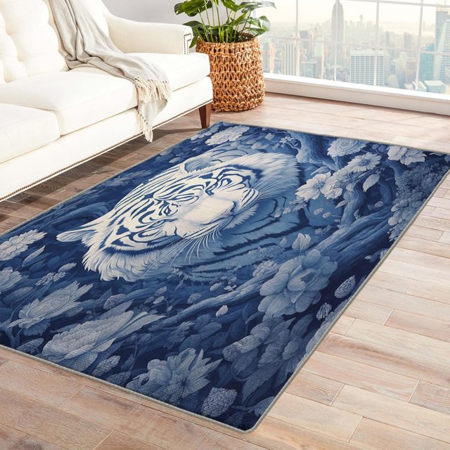 Tiger Flower Rugs 4x5, Animal Carpet for Bedroom Rug, Tiger Area Rug for Living Room, Super Soft Low Pile Machine Washable Non Slip Stain Resistant Rug