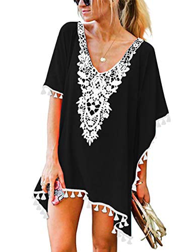 Swimsuit Beach Bikini Swimwear Cover-Up Clothing Crochet Chiffon Tassel Black XL 