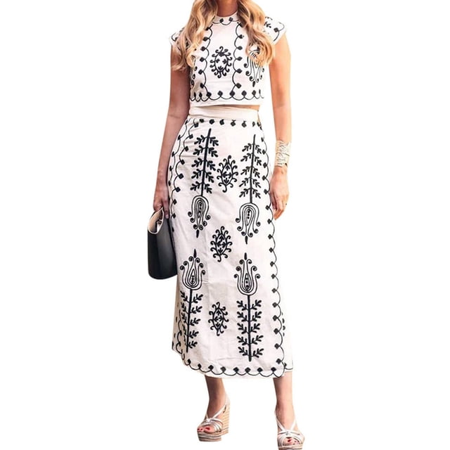 WILLBEST Robe en Maille Noire pour Femmes Mode Féminine Ensemble Imprimé Co-Ord : Ensemble de Robe Deux Pièces pour l'Été