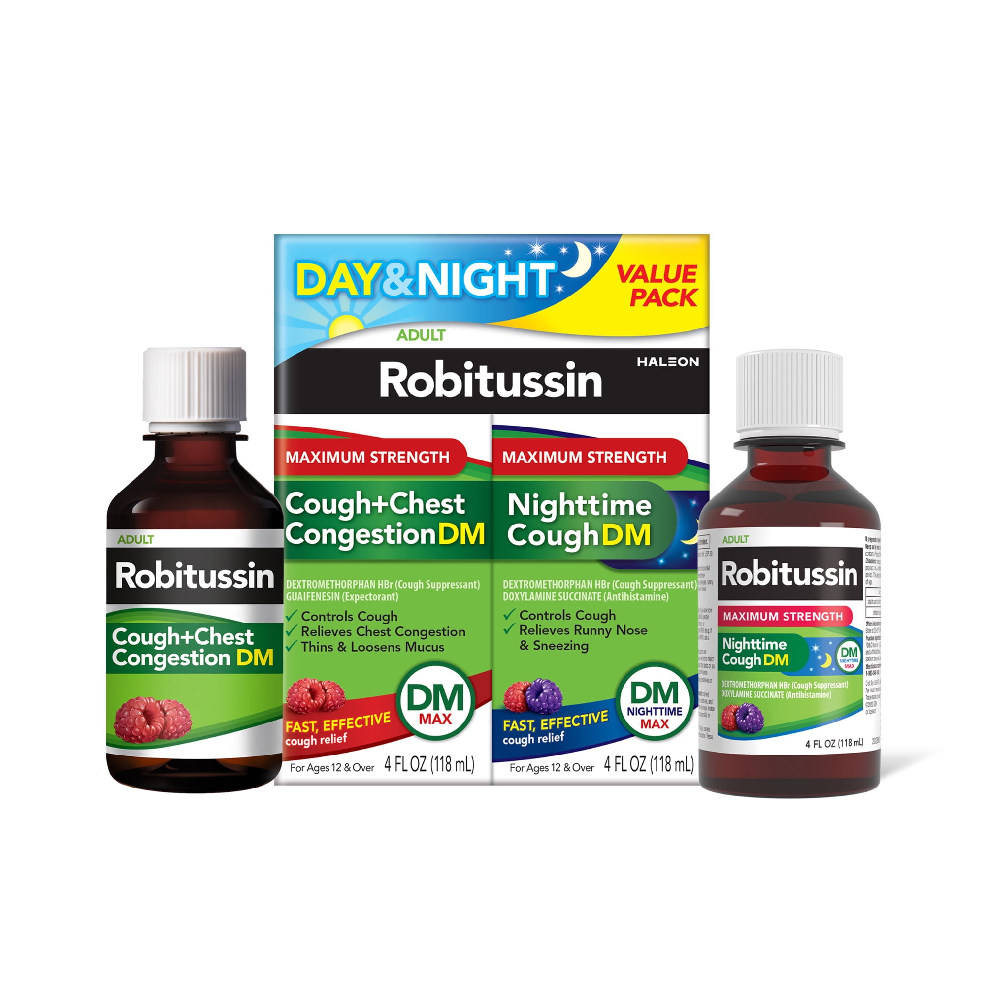 Robitussin Maximum Strength Cough + Chest Congestion DM and Maximum Strength Nighttime Cough Dm, Cough Medicine, Berry Flavor - 4 fl oz Bottles (Pack of 2)