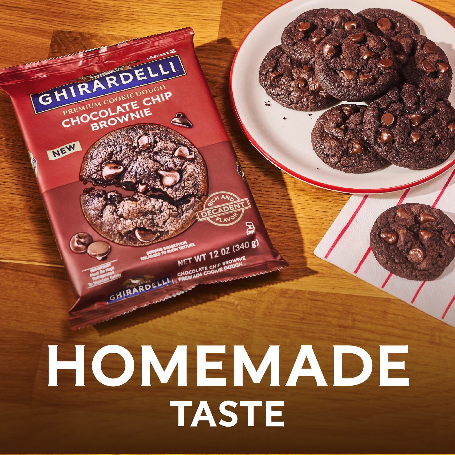 GHIRARDELLI Premium Refrigerated Chocolate Chip Brownie Cookie Dough, 12 oz Package, 12 Cookies