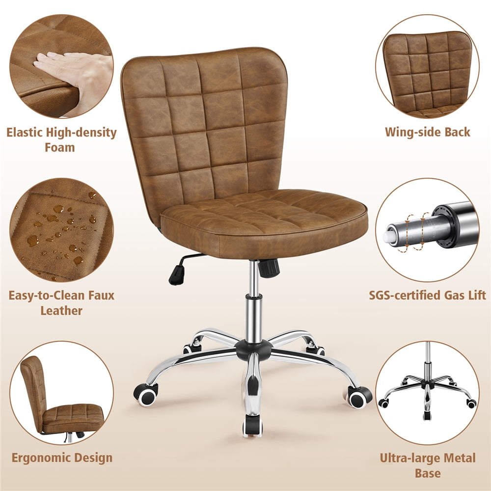Yaheetech Modern Tufted Armless Desk Office Chair with Rolling Wheels, Retro Brown