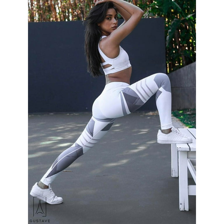 GustaveDesign Woomen Hight Waist Yoga Pants Tummy Control Workout 3D  Printed Leggings Sexy Stretch Sport Trousers Athletic Pants White, XL 