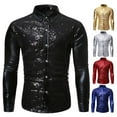 thumbnail image 2 of Adults Youth Men's Lapel Long Sleeve Shirt Casual Slim Shirt Cool Sequined Bronzing Dance Shirt Tops, 2 of 2