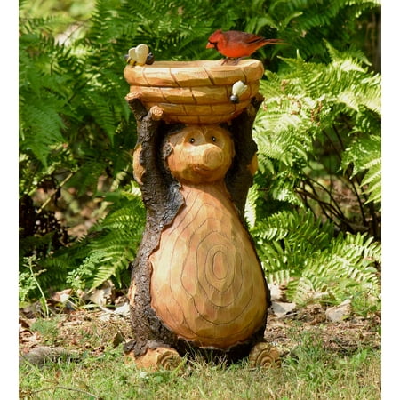 Decorative Fiberglass Birdbath - Decorative All Weather Carved Bear and Honey Bee Bird Bath
