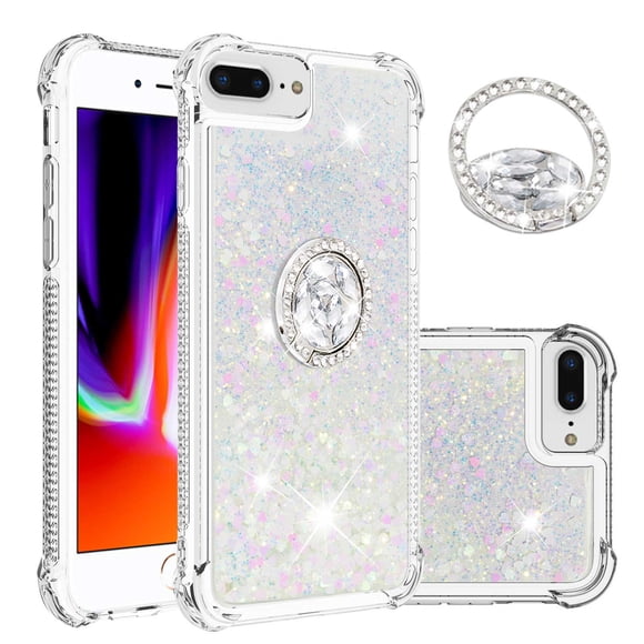 Funda para iPhone 8 Plus/iPhone 7 Plus con Brillo Líquido Flotante, Purpurina, Parachoques y Anillo Giratorio Soporte