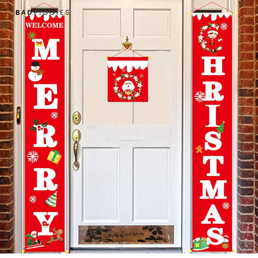 BadPiggies Merry Christmas Banner Wall Hanging Door Curtain Banners Xmas Red Porch Sign for